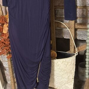 Guess Navy Blue Dress with Gold Zipper Gathered Side suade sleeved EUC